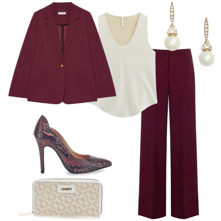 Outfit donna - Total look #2489496. Stile Chic per Cerimonia. Abbinamento con canottiere, blazer, orecchini, pantaloni a palazzo, portafogli, décolleté.