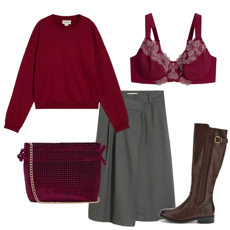Outfit donna - Pizzo rosso. Stile Bon Ton per Tutti i giorni. Abbinamento con borse a tracolla, stivali sopra il ginocchio, felpe, gonne longuette, reggiseni.