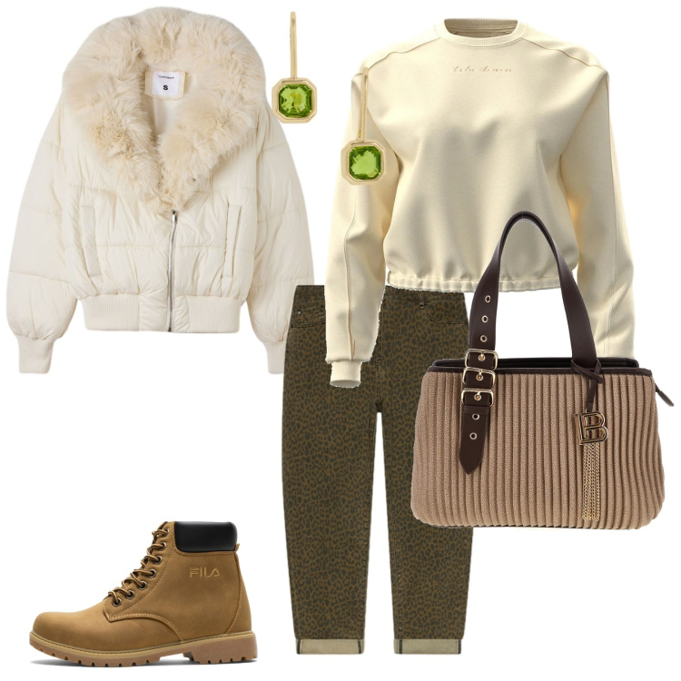 Outfit donna - Freddo e comodità. per Tutti i giorni. Abbinamento con jeans, orecchini, bomber, borse a mano, felpe, stivaletti.