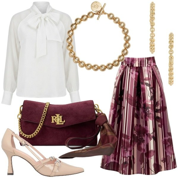 Outfit donna - Ladylike. Stile Chic per Tutti i giorni. Abbinamento con braccialetti, borse a tracolla, orecchini, gonne longuette, bluse, décolleté.