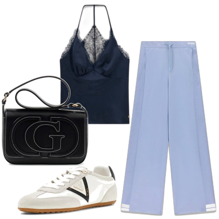 Outfit mujer - Casual chic. Estilo Casual chic para Todos los días. Combinación con sneakers, top, pantalones, bolsos de hombro.
