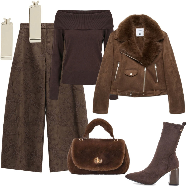 Outfit donna - Bella al caldo. Stile Urban per Tutti i giorni. Abbinamento con pantaloni a palazzo, orecchini, borse a mano, maglieria, giacche, stivaletti.