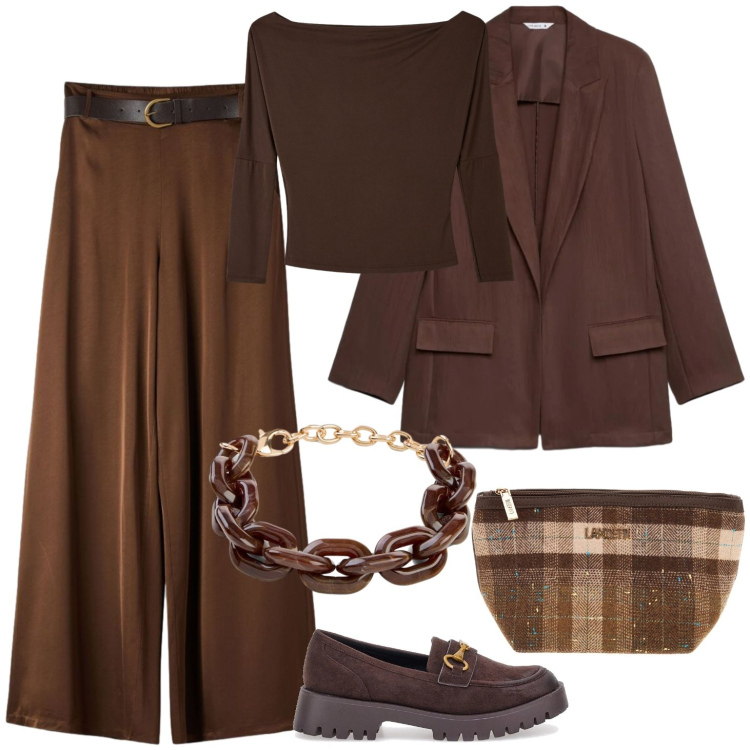 Outfit donna - Marrone con stile. Stile Casual per Tutti i giorni. Abbinamento con pantaloni, t-shirt, blazer, mocassini, pochette, braccialetti.