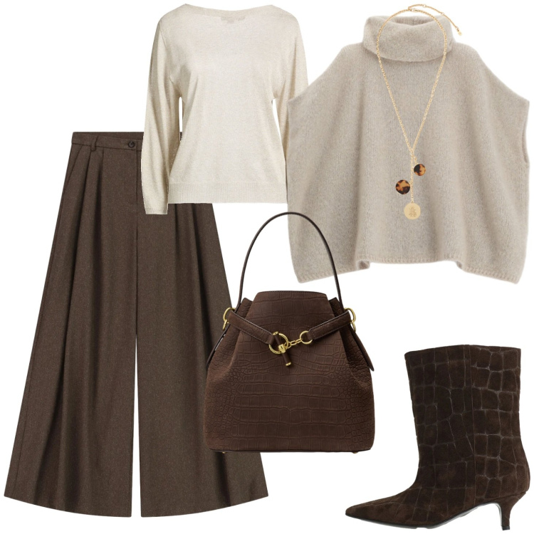 Outfit donna - Mantella panna pantaloni palazzo. Stile Casual chic per Tutti i giorni. Abbinamento con stivali, pantaloni a palazzo, maglieria, collane, borse a secchiello, pullovers.