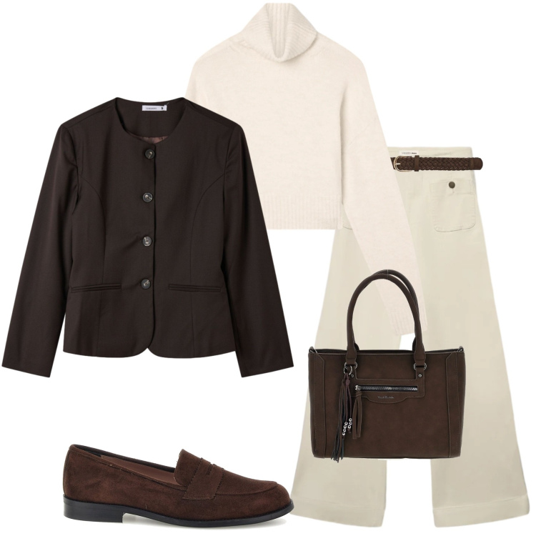 Outfit donna - Terranova Sale. Stile Casual chic per Tutti i giorni. Abbinamento con maglieria, cinture, blazer, jeans, borse a spalla, mocassini.
