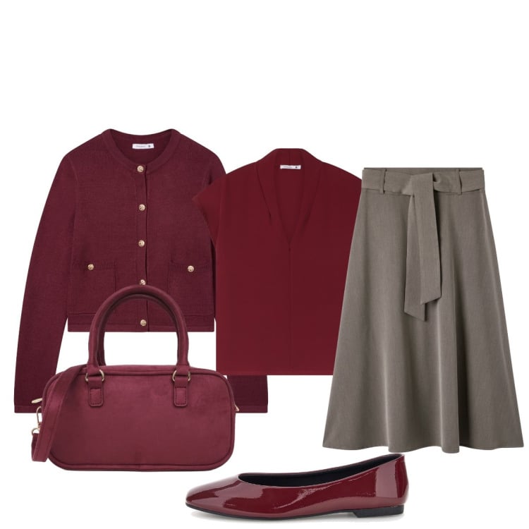 Outfit donna - Terranova. Stile Bon Ton per Tutti i giorni. Abbinamento con gonne lunghe, cardigans, bluse, borse a tracolla, ballerine.