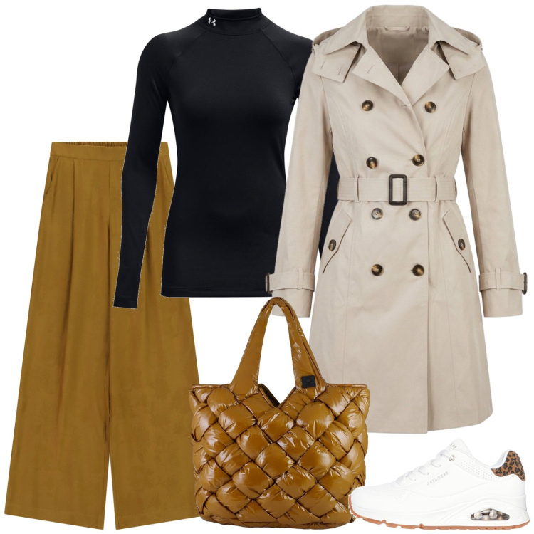 Outfit donna - Col trench. Stile Casual per Tutti i giorni. Abbinamento con pantaloni a palazzo, borse tote, trench, sneakers alte, pullovers.