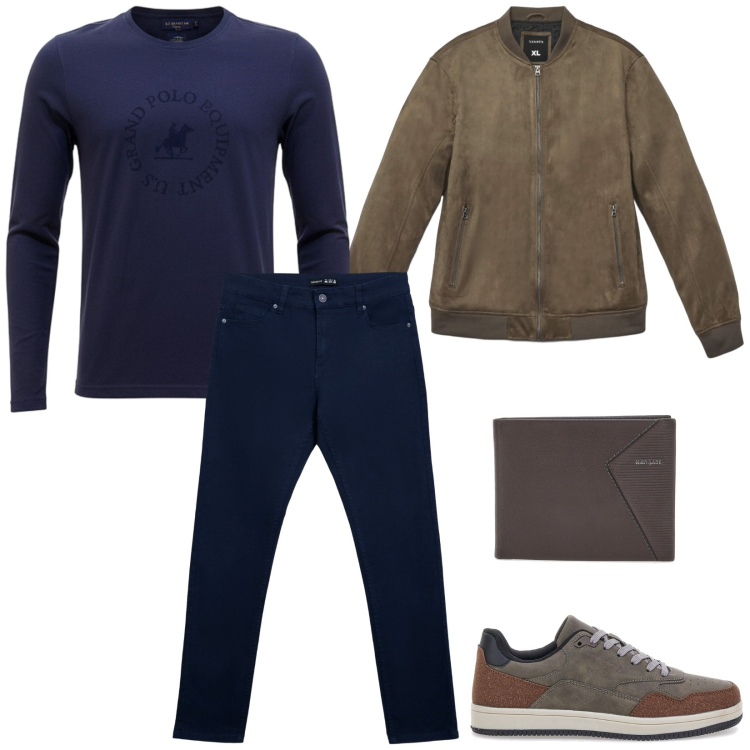 Outfit uomo - Total look #2489648. Stile Casual per Tutti i giorni. Abbinamento con giacche, pantaloni skinny, sneakers, portafogli, maglieria.