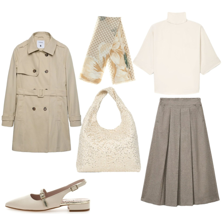 Outfit donna - Trench per tutti i giorni. Stile Preppy per Tutti i giorni. Abbinamento con borse a spalla, gonne longuette, trench, bluse, ballerine, foulard.