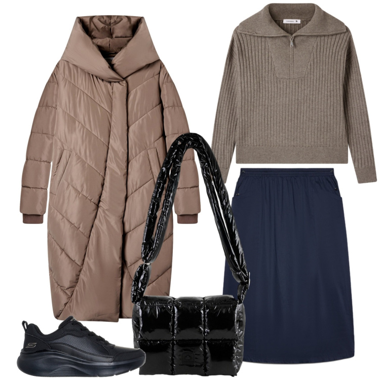 Outfit donna - Gonna e sneakers. Stile Casual per Tutti i giorni. Abbinamento con gonne lunghe, borse a spalla, cappotti, maglieria, sneakers.