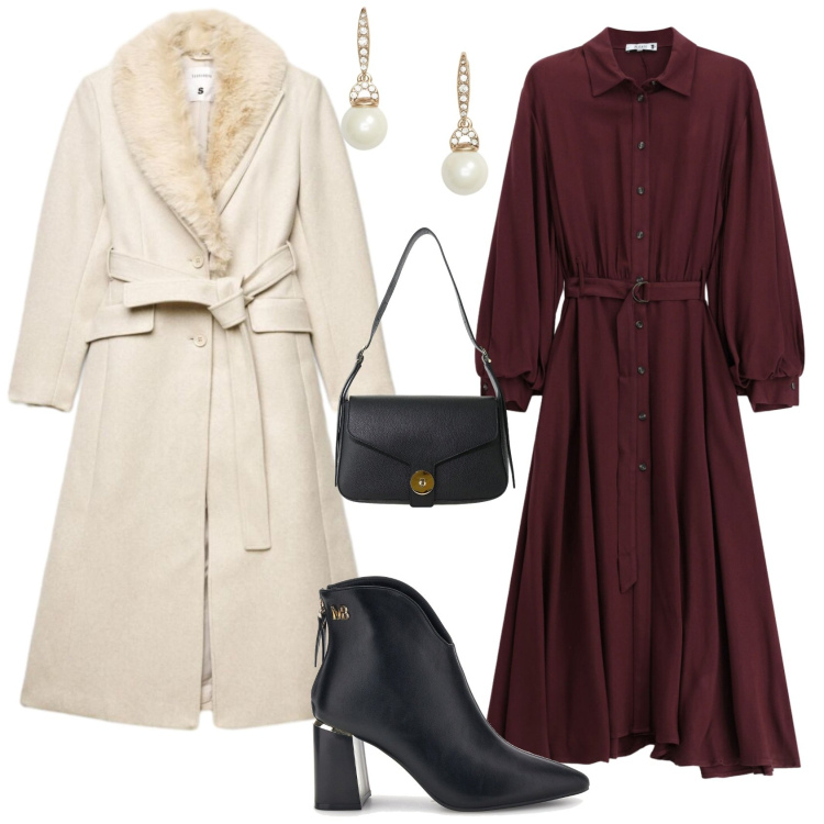 Outfit donna - Chic serata evento week end. Stile Chic per Serata fuori. Abbinamento con borse a spalla, orecchini, vestiti chemisier, cappotti, stivaletti.