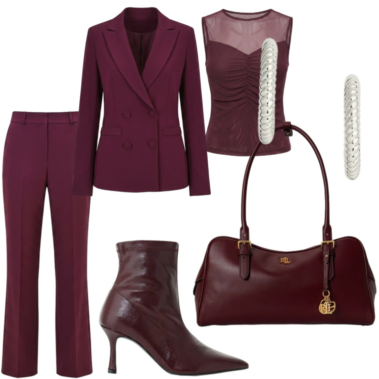 Outfit donna - Serata d' autunno. Stile Chic per Serata fuori. Abbinamento con stivaletti, orecchini, borse a mano, canottiere, pantaloni, blazer.