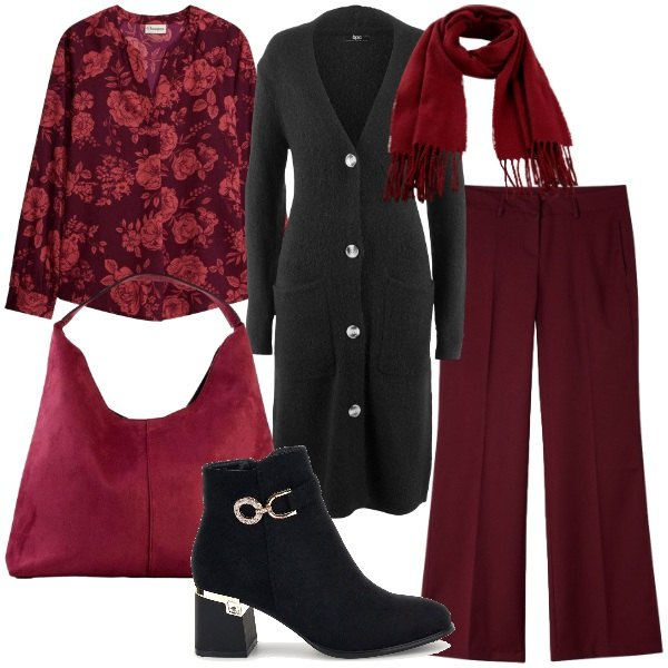 Outfit donna - Tessuti avvolgenti ad ottobre. Stile Glamour per Ufficio. Abbinamento con pantaloni, cardigans, stivaletti, borse a spalla, bluse, sciarpe.