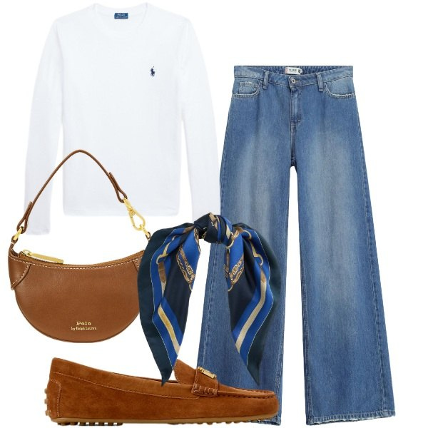 Outfit donna - Denim lineare. Stile Chic per Tutti i giorni. Abbinamento con borse a tracolla, mocassini, t-shirt, foulard, jeans dritti.
