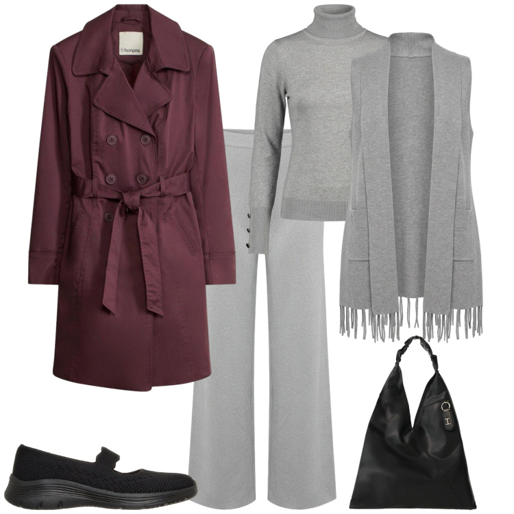 Outfit donna - Casual chic ufficio tempo libero. Stile Casual chic per Ufficio. Abbinamento con borse a spalla, pullovers, maglieria, pantaloni a palazzo, ballerine, trench.