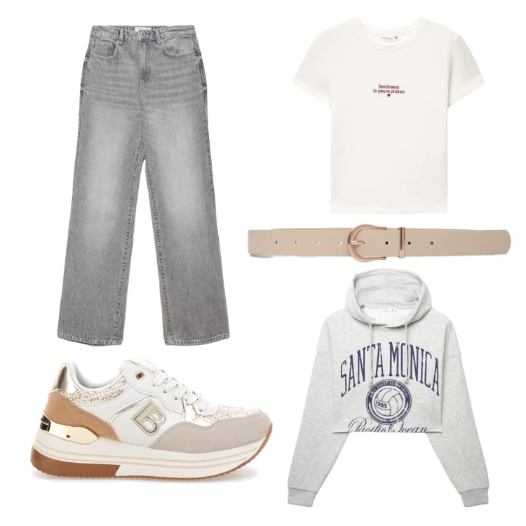 Outfit donna - Tutti i giorni. Stile Casual per Tutti i giorni. Abbinamento con jeans dritti, t-shirt, felpe con cappuccio, cinture, sneakers.