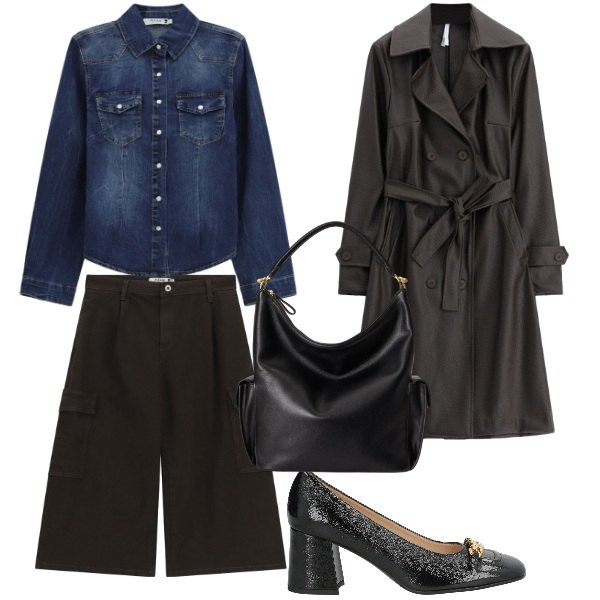 Outfit donna - Camicia denim in ufficio. Stile Casual chic per Ufficio. Abbinamento con trench, borse a spalla, bermuda, camicie, décolleté.