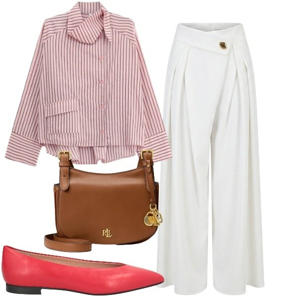 Outfit donna - Total look #2489687. Stile Chic per Ufficio. Abbinamento con camicie, borse a tracolla, pantaloni a palazzo, ballerine.