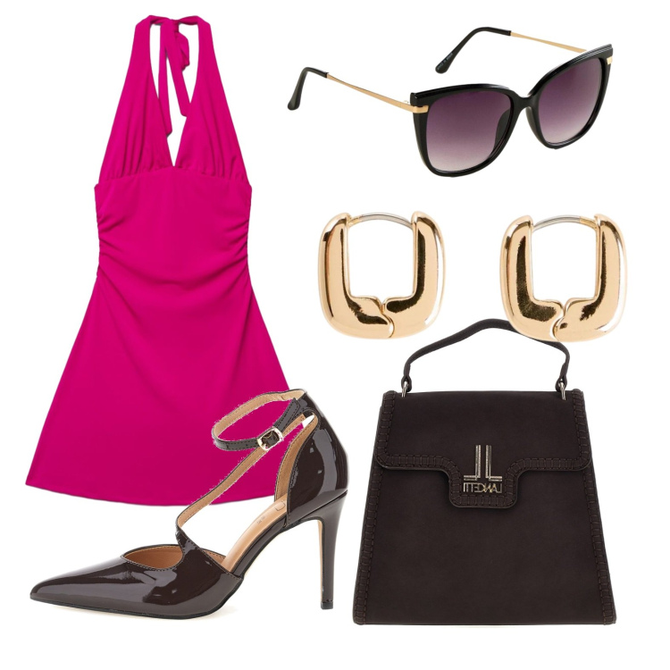Outfit donna - Vestito rosa. Stile Chic per Serata fuori. Abbinamento con vestiti corti, décolleté, borse a mano, occhiali da sole, orecchini.