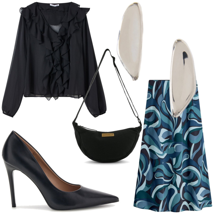 Outfit donna - Ufficio. Stile Casual chic per Ufficio. Abbinamento con orecchini, bluse, borse a tracolla, décolleté, gonne longuette.