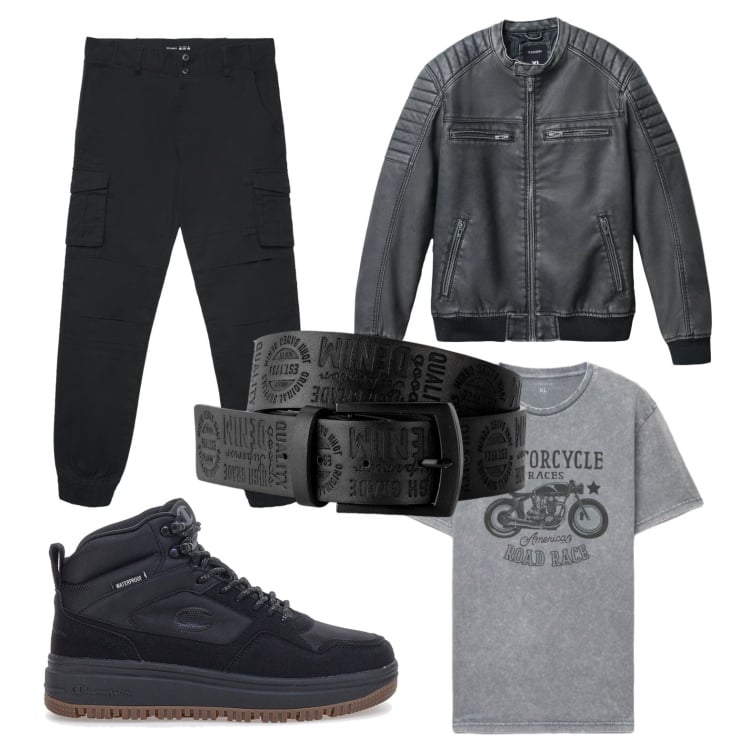 Outfit uomo - Moto. Stile Biker Rock per Tutti i giorni. Abbinamento con giacche, pantaloni cargo, t-shirt, cinture, sneakers.