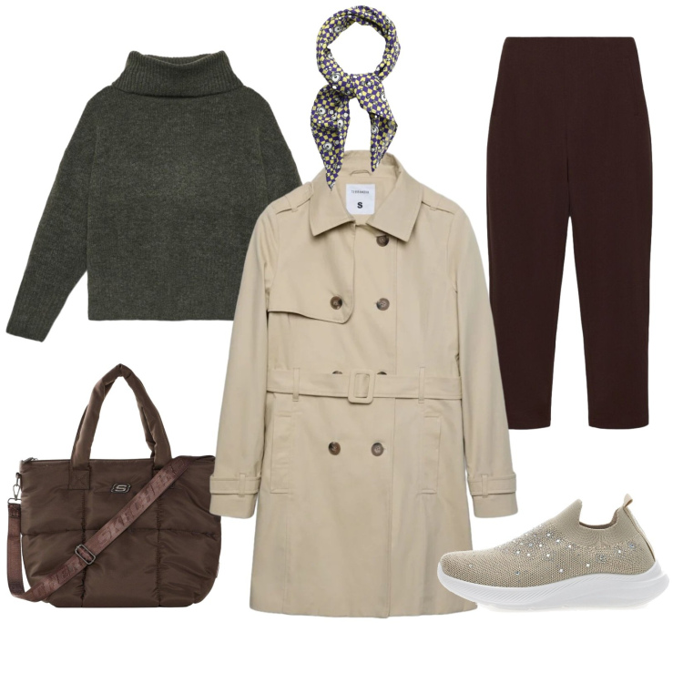 Outfit donna - Il classico trench. Stile Basic per Tutti i giorni. Abbinamento con trench, pantaloni, pullovers, foulard, sneakers, shopping bag.