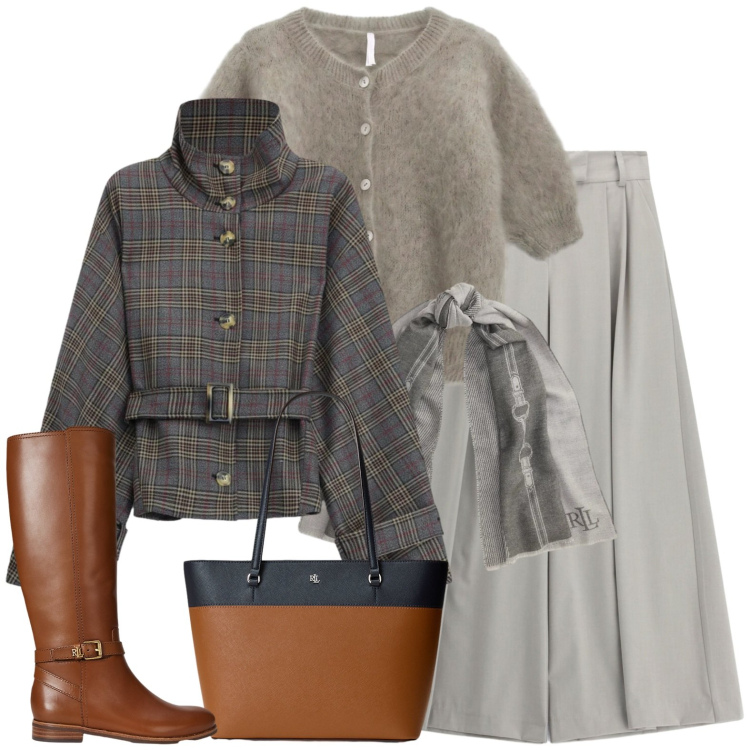 Outfit donna - Chic casual. Stile Casual chic per Ufficio. Abbinamento con pantaloni a palazzo, cappotti, cardigans, borse tote, stivali, sciarpe.