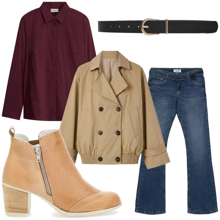 Outfit donna - Per tutti i giorni. Stile Casual chic per Tutti i giorni. Abbinamento con trench, cinture, jeans a zampa, stivaletti, camicie.