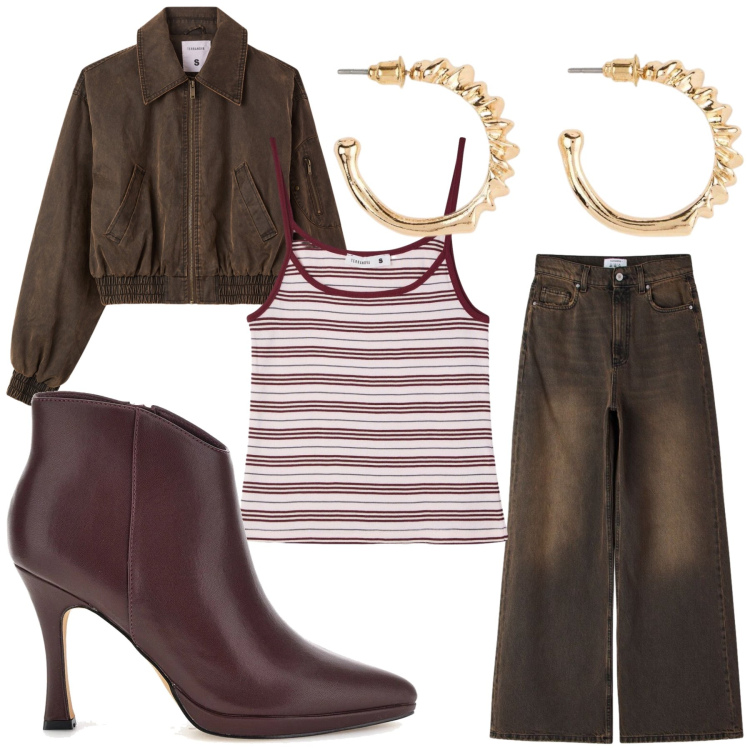 Outfit donna - Casual. Stile Casual per Tutti i giorni. Abbinamento con jeans, bomber, canottiere, stivaletti, orecchini.