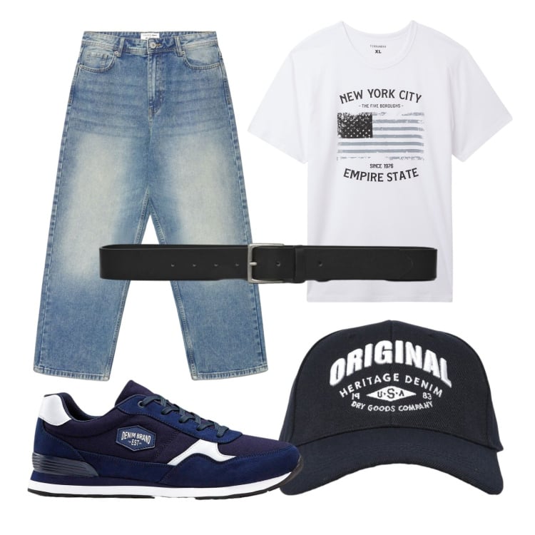 Outfit uomo - Streetwear. Stile Casual per Tutti i giorni. Abbinamento con cappelli con visiera, jeans dritti, cinture, t-shirt, sneakers.