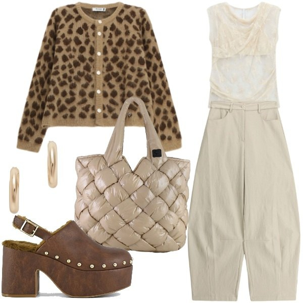 Outfit donna - L'animalier in autunno. Stile Urban per Tutti i giorni. Abbinamento con top, pantaloni, orecchini, cardigans, borse tote, sabot.