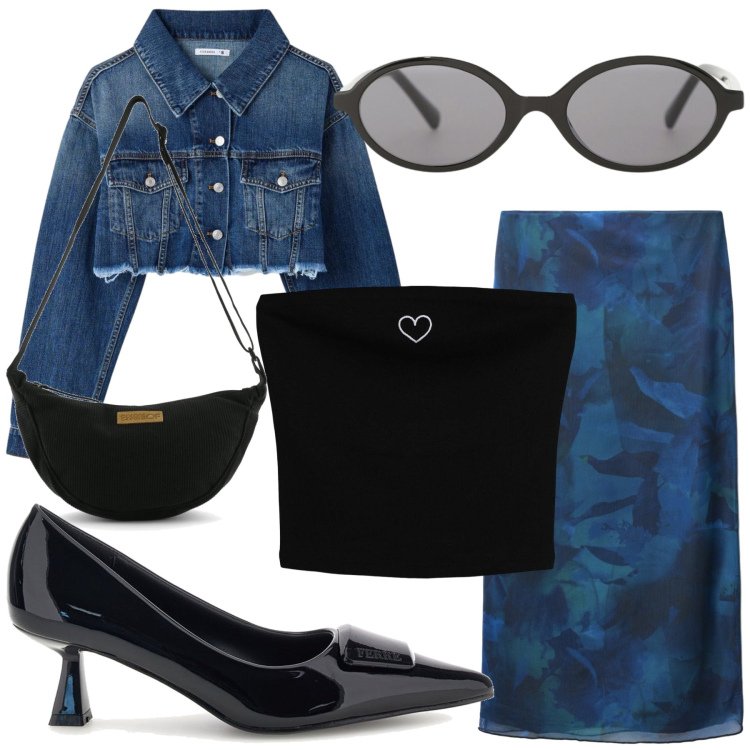 Outfit donna - Con giacca jeans. Stile Casual chic per Tutti i giorni. Abbinamento con occhiali da sole, gonne lunghe, cappotti, top, borse a tracolla, décolleté.