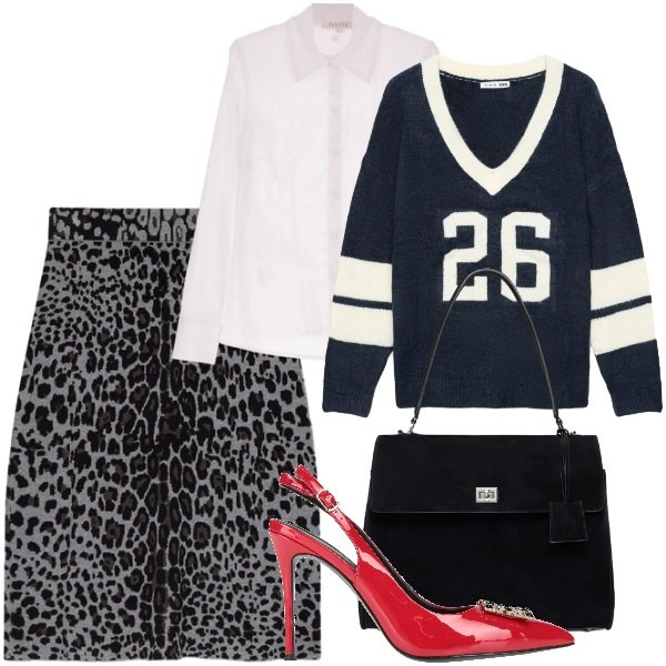 Outfit donna - Pump rosse e gonna animalier. Stile Rock per Tutti i giorni. Abbinamento con gonne longuette, borse a mano, camicie, décolleté, maglieria.
