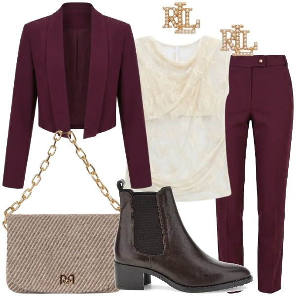 Outfit donna - Autunno 2026 Chic. Stile Glamour per Tutti i giorni. Abbinamento con top, orecchini, blazer, pantaloni, borse a spalla, stivaletti chelsea.