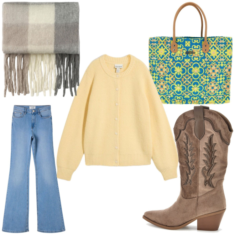 Outfit donna - Casual. Stile Casual per Tutti i giorni. Abbinamento con jeans a zampa, sciarpe, cardigans, borse a spalla, stivaletti texani.
