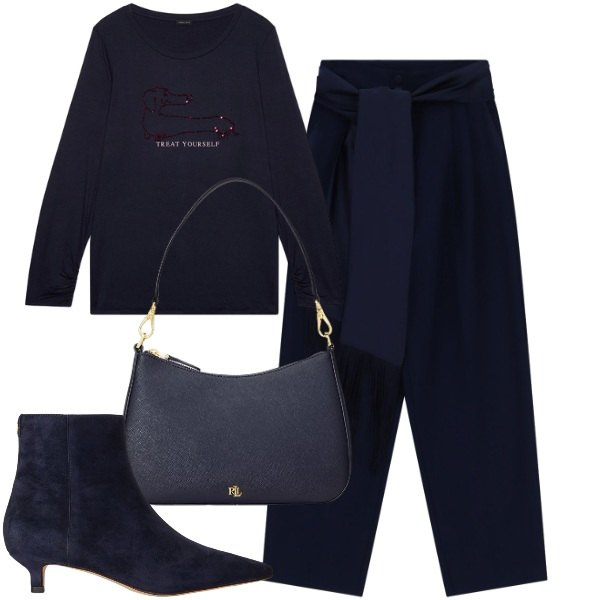Outfit donna - il blu scuro é il nuovo nero. Stile Bon Ton per Ufficio. Abbinamento con t-shirt, pantaloni a palazzo, borse a spalla, stivaletti.