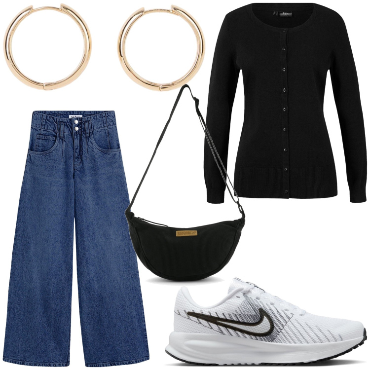 Outfit donna - Casual. Stile Casual per Tutti i giorni. Abbinamento con cardigans, jeans, borse a tracolla, sneakers, orecchini.