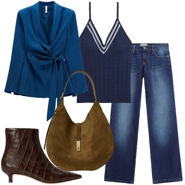 Outfit donna - Total look #2489765. Stile Trendy per Tutti i giorni. Abbinamento con blazer, jeans dritti, borse a spalla, canottiere, stivaletti.
