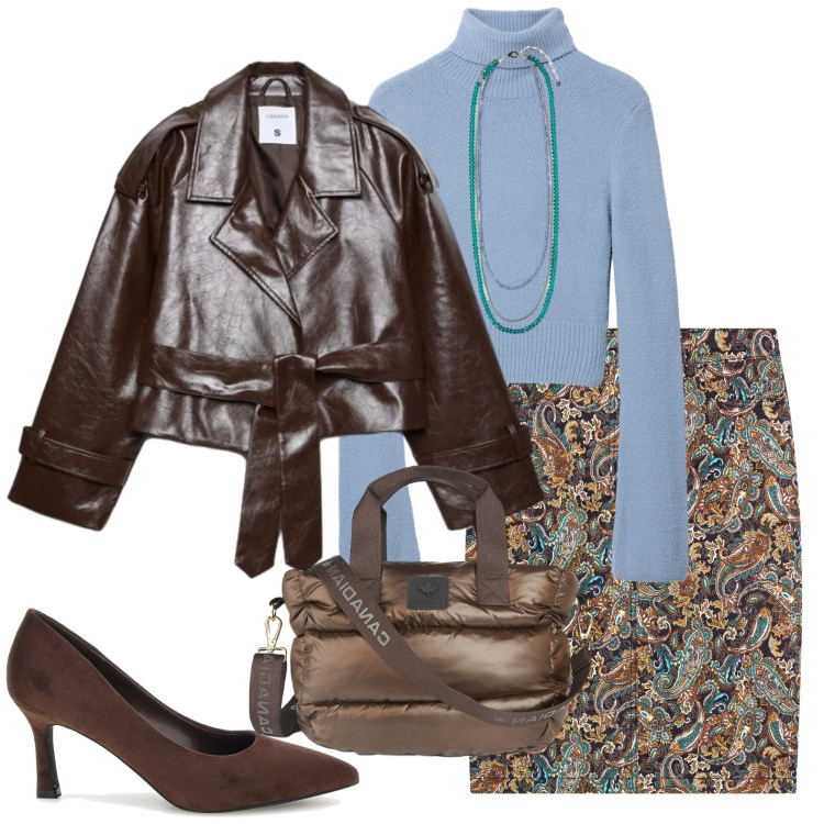 Outfit donna - Chic tutti i giorni. Stile Chic per Tutti i giorni. Abbinamento con collane, borse a tracolla, maglieria, trench, gonne, décolleté.