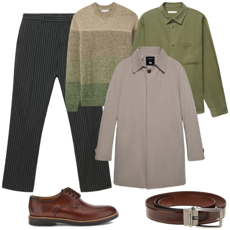 Outfit uomo - Trench al maschile. Stile Urban per Tutti i giorni. Abbinamento con trench, maglieria, camicie, pantaloni chino, scarpe stringate, cinture.