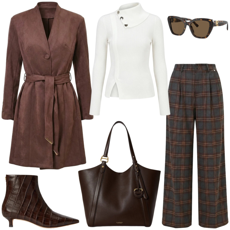 Outfit donna - Il Trench. Stile Minimal per Ufficio. Abbinamento con borse tote, stivaletti, occhiali da sole, pantaloni a palazzo, pullovers, trench.