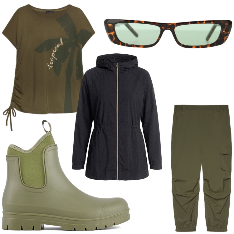 Outfit donna - Verde. Stile Casual per Tutti i giorni. Abbinamento con occhiali da sole, pantaloni cargo, t-shirt, blazer, stivali.