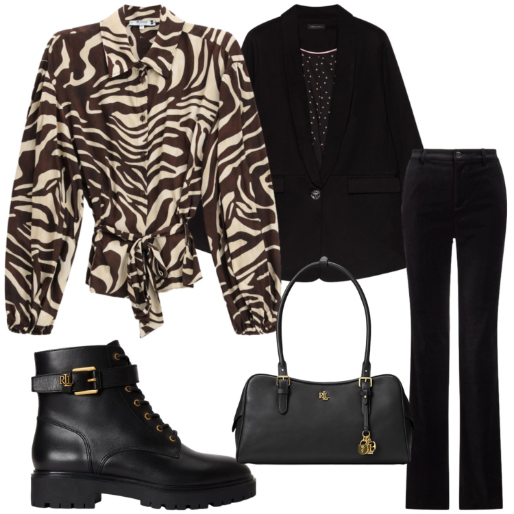Outfit donna - Total look #2489786. Stile Chic per Serata fuori. Abbinamento con blazer, borse a mano, anfibi, pantaloni, camicie.