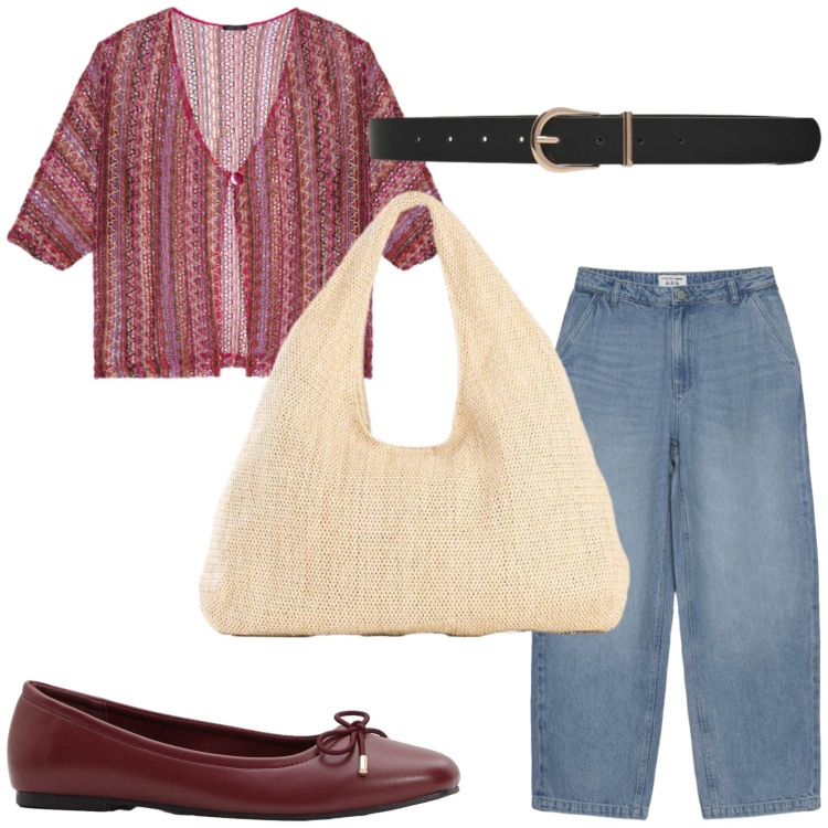 Outfit donna - Casual. Stile Casual per Tutti i giorni. Abbinamento con kimono, jeans dritti, cinture, ballerine, shopping bag.