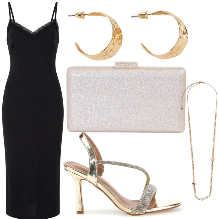 Outfit donna - Sera fuori. Stile Chic per Serata fuori. Abbinamento con collane, clutch, vestiti midi/longuette, sandali col tacco, orecchini.