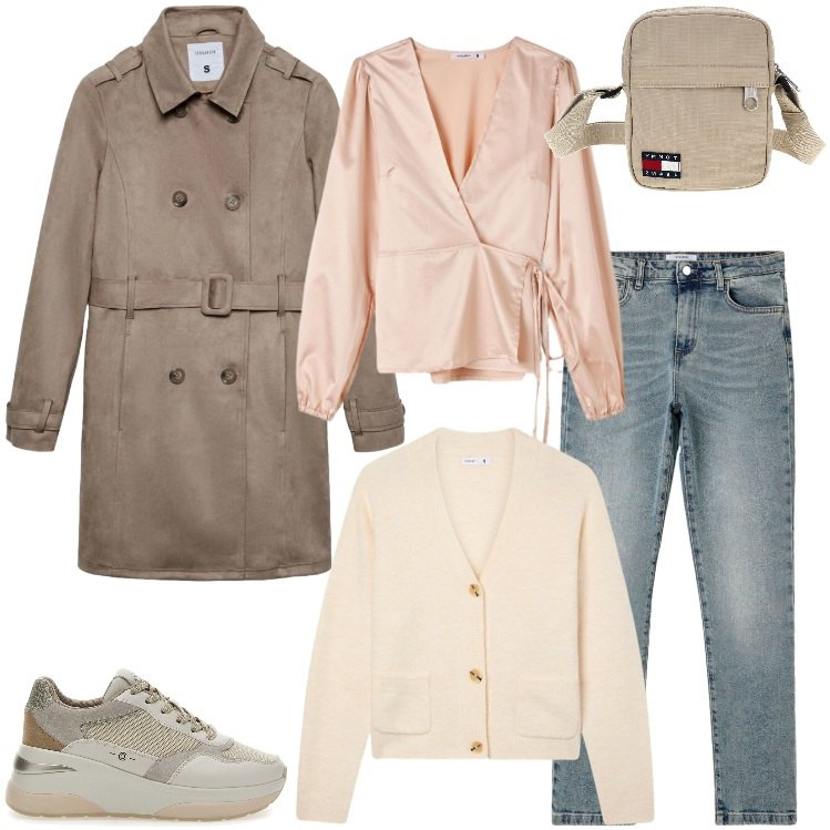 Outfit donna - In metropolitana. Stile Minimal per Tutti i giorni. Abbinamento con trench, bluse, cardigans, jeans slim fit, sneakers alte, borse a spalla.