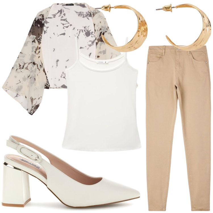 Outfit donna - Casual. Stile Casual per Tutti i giorni. Abbinamento con bolero, top, pantaloni skinny, décolleté, orecchini.