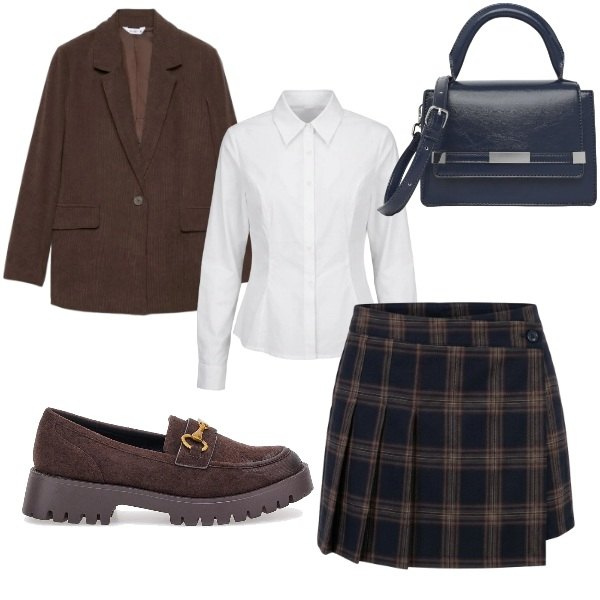 Outfit donna - Rory. Stile Preppy per Tutti i giorni. Abbinamento con minigonne, camicie, blazer, borse a tracolla, mocassini.