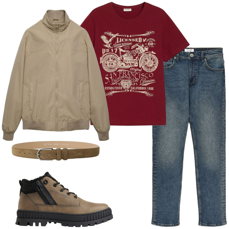 Outfit uomo - Total look #2489807. Stile Casual per Tutti i giorni. Abbinamento con cinture, bomber, jeans, t-shirt, stivali e stivaletti.