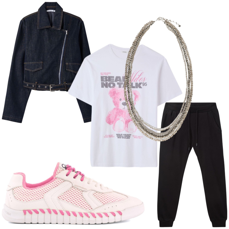 Outfit donna - Casual. Stile Casual per Tutti i giorni. Abbinamento con collane, pantaloni, t-shirt, cappotti, sneakers.